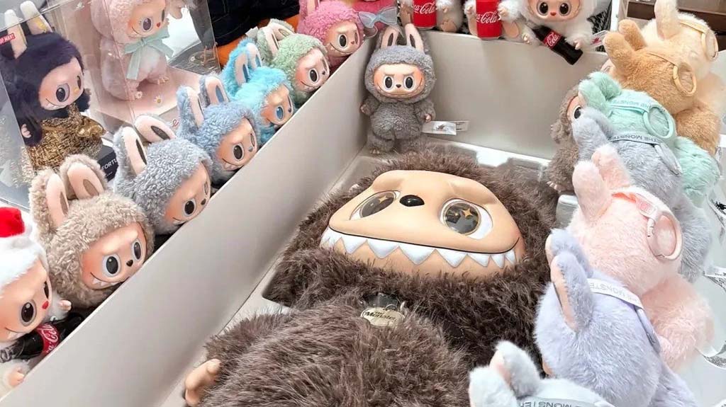 Multiple Labubu plush dolls in pastel and neutral colors surrounding a large brown Labubu plush centerpiece, displayed in a collector’s showcase with detailed arrangements.