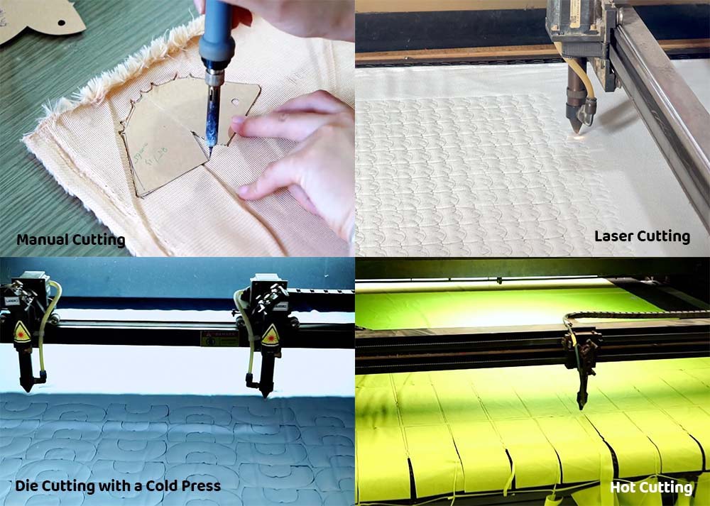 Four fabric-cutting methods used in plush toy manufacturing: manual cutting with templates, precision laser cutting, die cutting with a cold press, and hot cutting for synthetic fabrics, showing how each technique improves efficiency and accuracy.