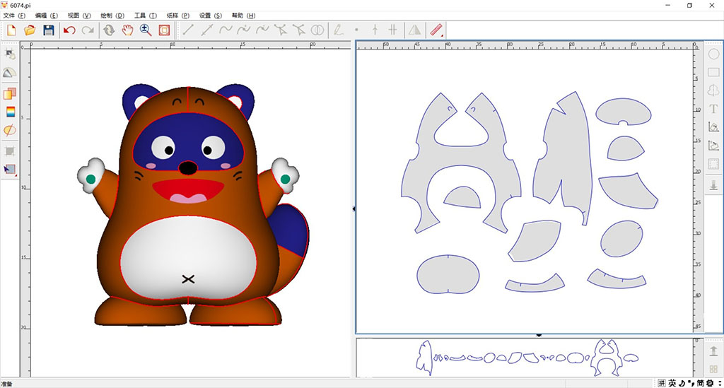 Digital plush toy design software interface showing a colorful raccoon character on the left and its corresponding flat sewing pattern pieces on the right, demonstrating 2D-to-3D plush pattern creation.