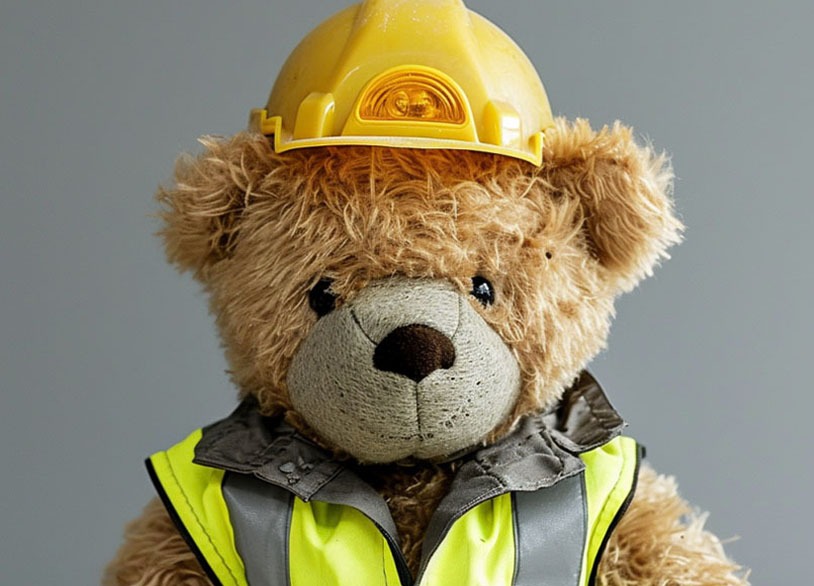 Brown teddy bear wearing a yellow hard hat and reflective safety vest against a plain background.