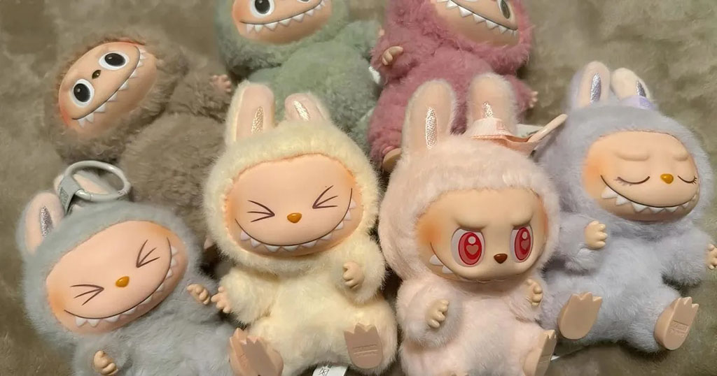 A collection of small colorful plush dolls with furry bunny-like costumes and expressive painted faces arranged on a soft surface.