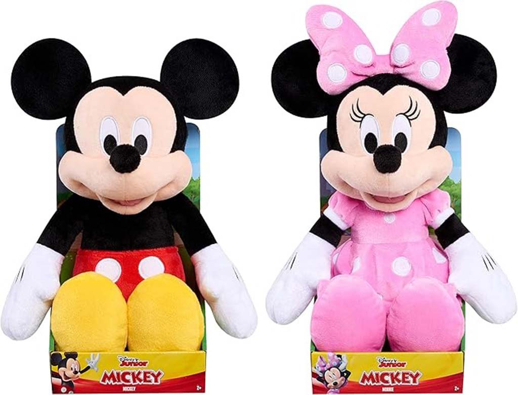 Two large plush dolls of Mickey Mouse and Minnie Mouse in their classic outfits, displayed in colorful retail packaging.