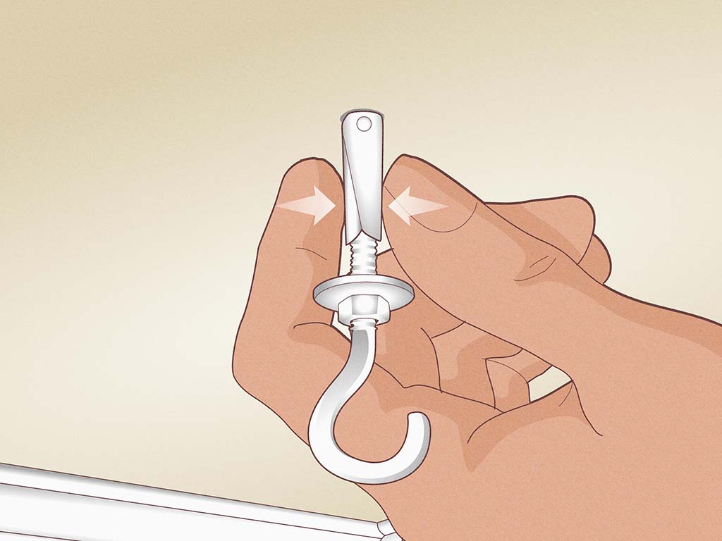 Illustration of a hand holding a ceiling toggle hook, showing how to squeeze the wings before installation.
