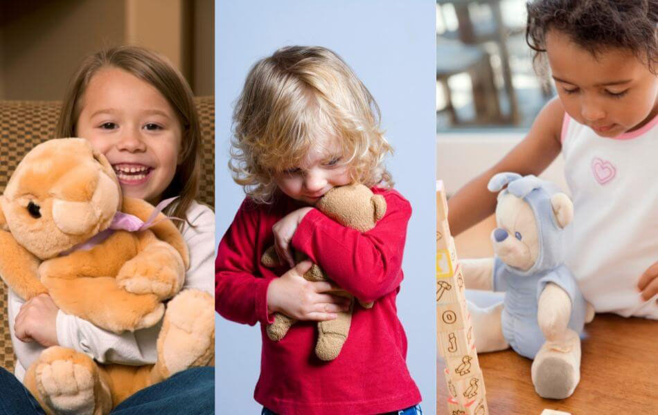 A collage of three children interacting with stuffed animals: one girl happily hugging a soft bunny, a young boy snuggling a teddy bear, and another child playing with a plush bear in a hoodie.