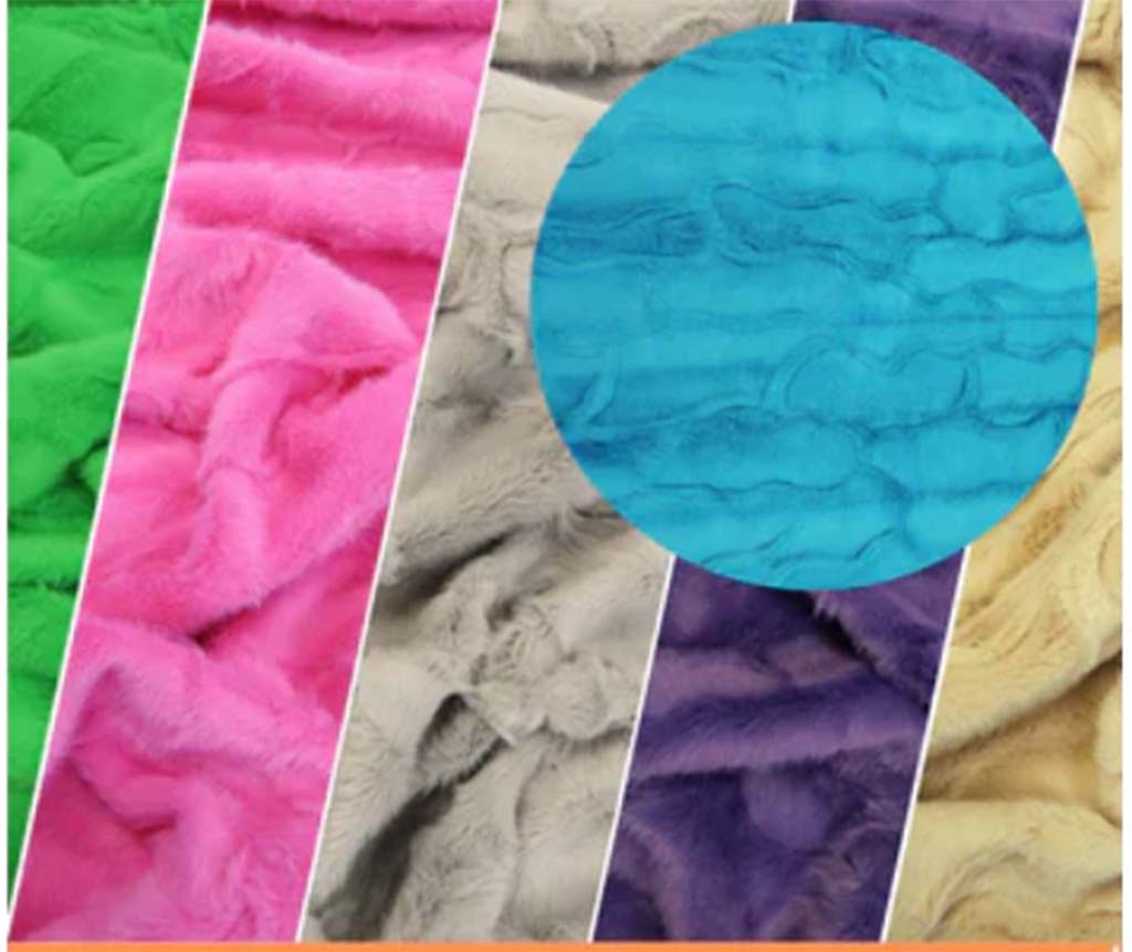 Various soft plush fabrics in bright colors including green, pink, gray, purple, blue, and yellow, arranged in diagonal sections with a blue circle highlighting fabric texture details.