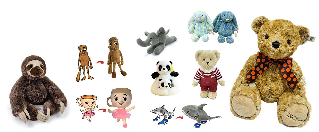 Collection of plush toys including animals, bears, character dolls, and transformable plush figures displayed on a white background for design showcase.