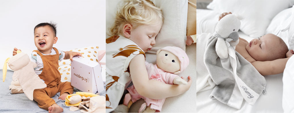 Three babies interacting with soft, hypoallergenic plush toys—one playing on a mat, one cuddling a doll while sleeping, and one resting with a personalized comfort blanket.