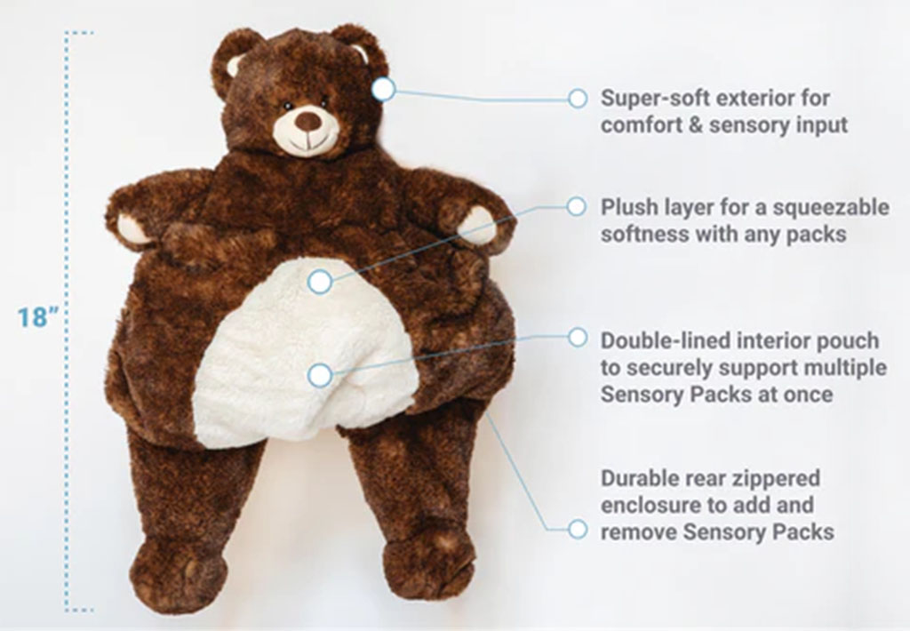 Brown plush bear with labeled features showing its 18-inch size, super-soft exterior, plush layer for squeezable softness, double-lined interior pouch for sensory packs, and durable rear zippered enclosure.