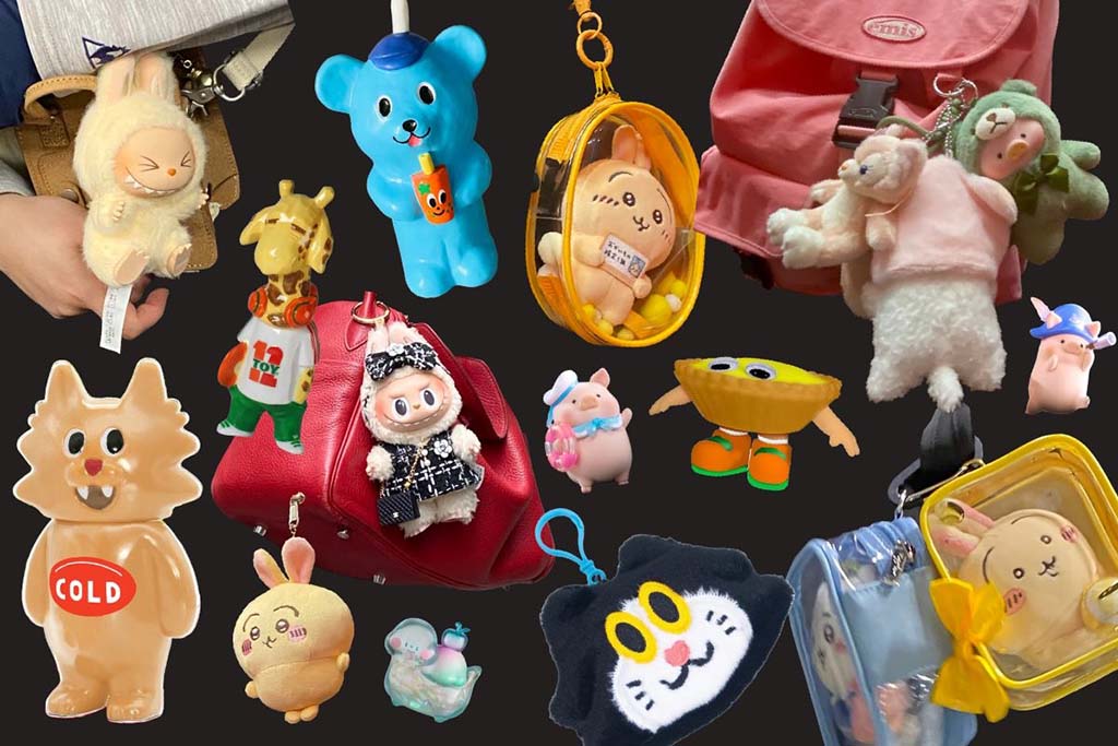A collage of various cute plush keychains and small character charms attached to bags, featuring animals, fantasy creatures, and colorful accessories in different styles.