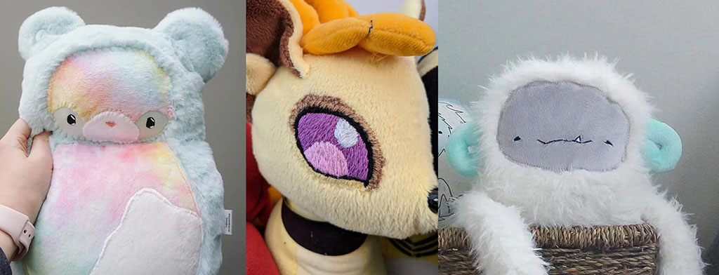 Close-up collage of three plush toys showing different embroidery styles, including a pastel bear, a character with embroidered eyes, and a fluffy yeti with stitched facial features.