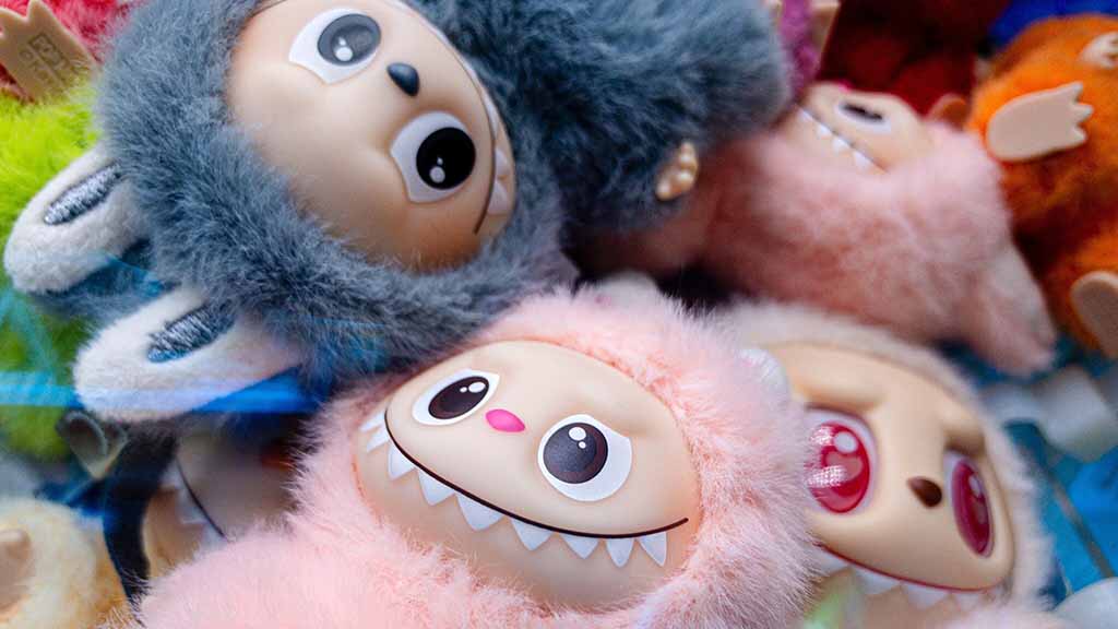 A close-up of multiple Labubu plush dolls in soft pastel colors including grey, pink, and red, showing their smiling faces and fluffy textures.