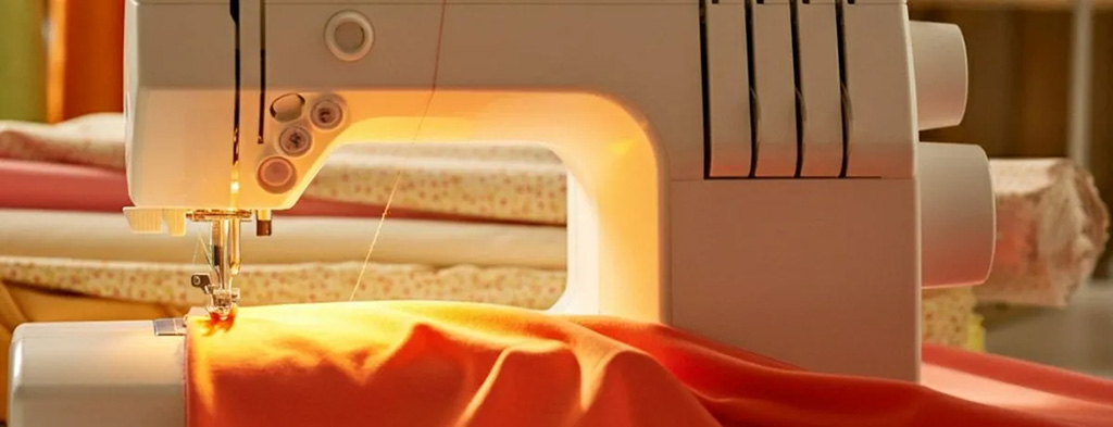 Close-up of an overlock sewing machine stitching bright orange fabric, with soft warm lighting and fabric rolls in the background.