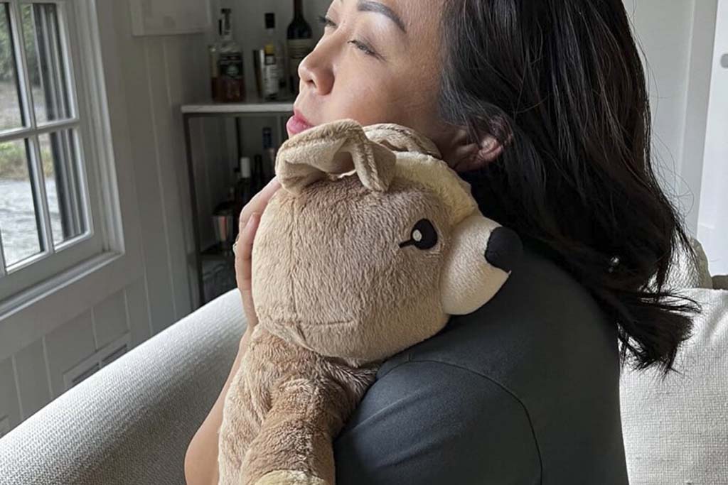 A woman sits on a couch hugging a soft brown teddy bear, gazing thoughtfully out a nearby window in a cozy living room.