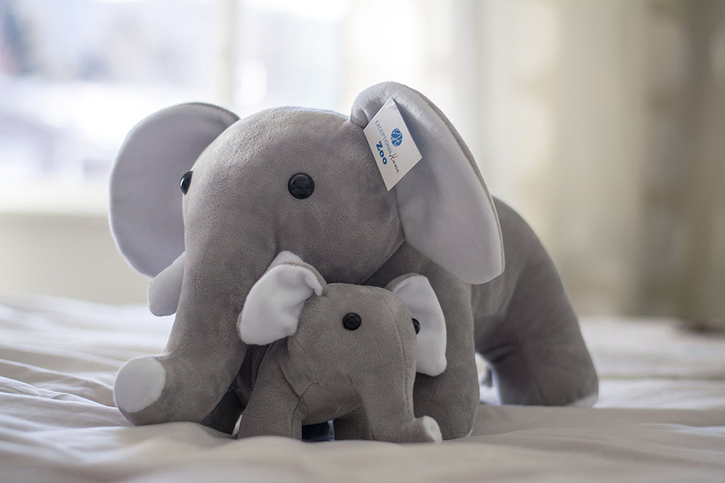 Two grey elephant plush toys, a large parent elephant and a small baby elephant, sitting together on a soft bed with natural light in the background, showcasing a gentle, family-themed plush design.