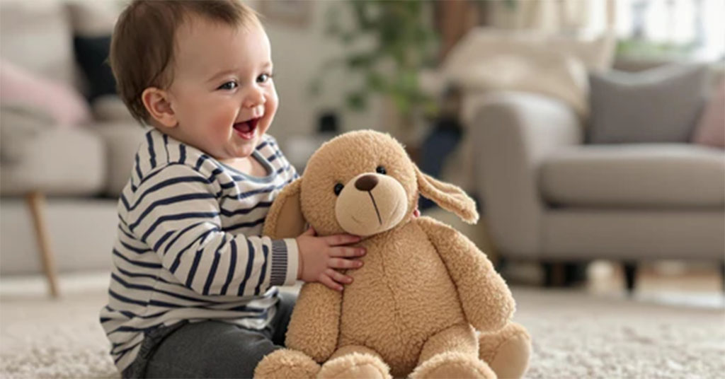 A smiling baby in a striped shirt sits on a carpeted floor, holding a soft beige plush dog toy in a cozy living room setting.