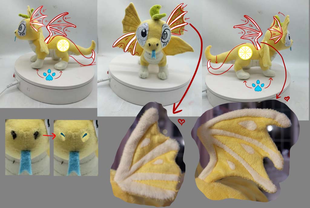 Yellow dragon plush toy with detailed revision notes highlighting wing shape, tail curve, and nose embroidery adjustments for improved design accuracy.