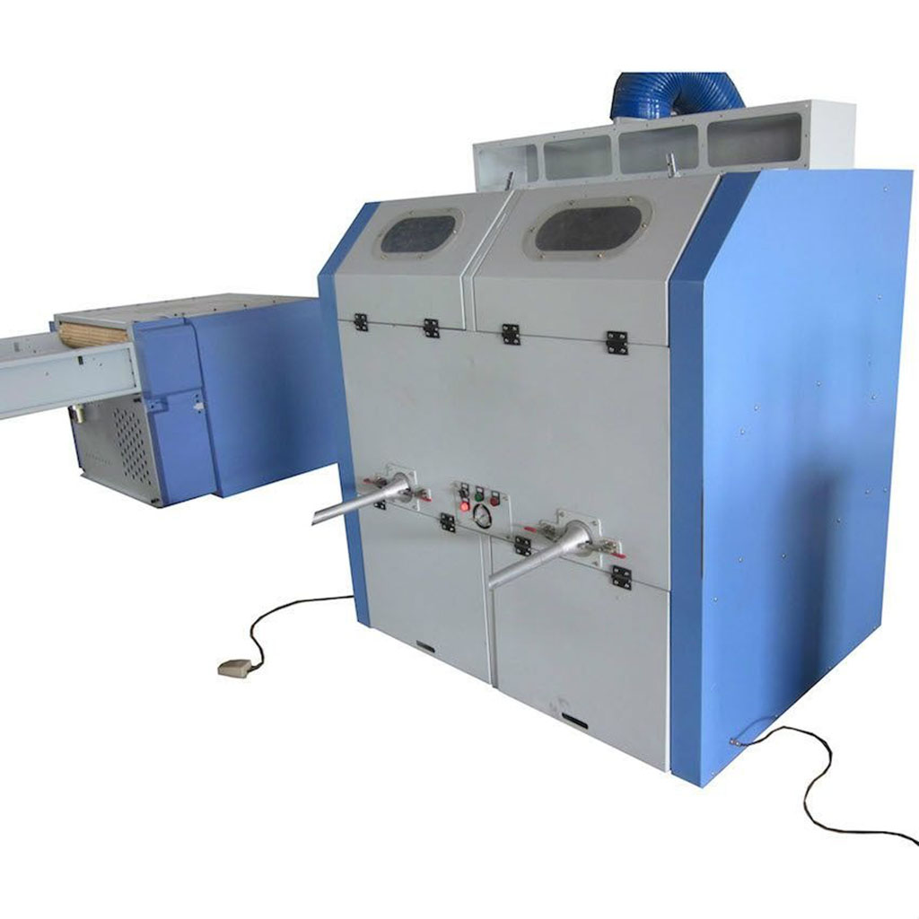 Industrial plush toy stuffing machine with dual nozzles and enclosed filling chamber used in factories for fast, efficient polyester fiberfill injection.