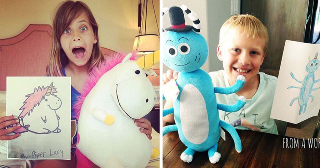 Two children proudly holding custom plush toys created from their original drawings, showing the artwork side-by-side with the finished stuffed animals.