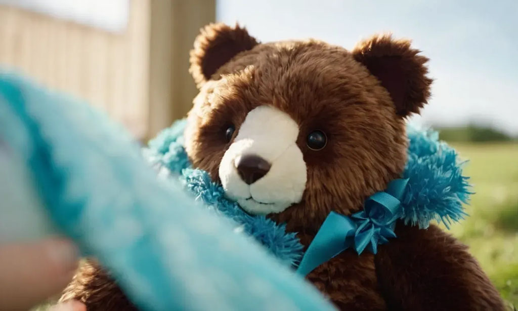 Close-up of a brown plush teddy bear wearing a blue ribbon and fuzzy scarf, sitting outdoors on a sunny day.