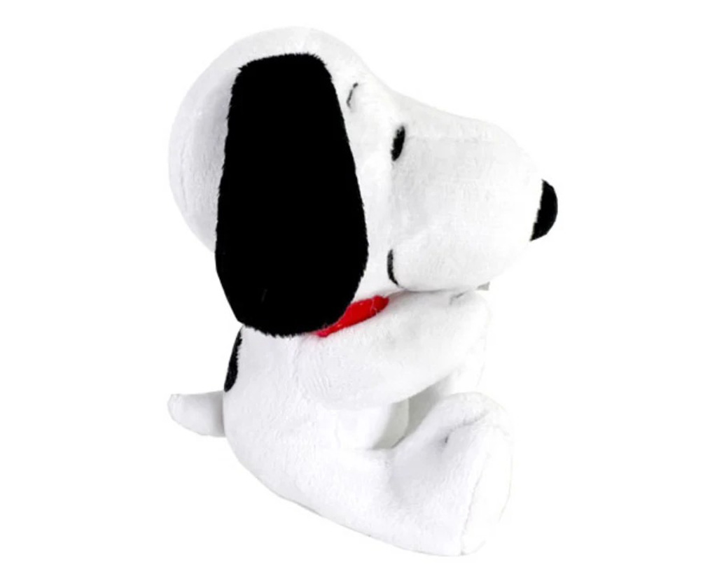 White Snoopy plush toy with black ears and a red collar sitting upright on a white background.