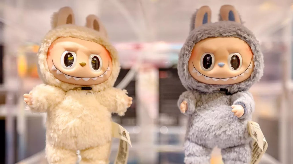 Two Labubu plush figures in cream and gray bunny costumes displayed on a shelf, featuring signature wide smiles and expressive cartoon eyes.