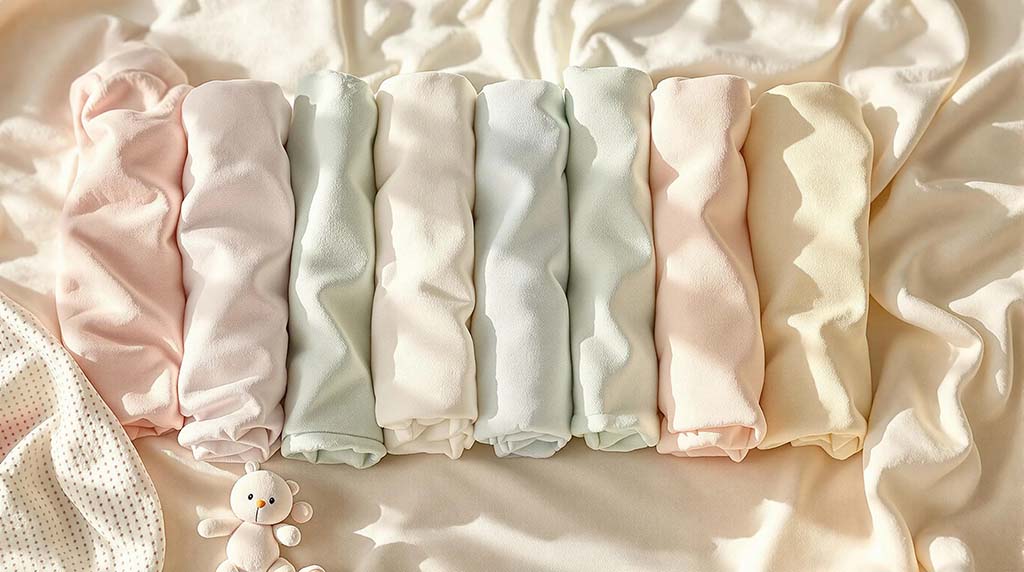 Seven rolled baby blankets in soft pastel colors—pink, mint, white, and cream—arranged neatly on a light cream fabric surface with gentle natural sunlight.