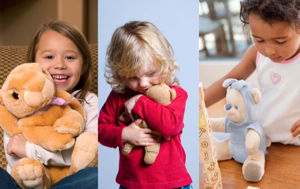 Three children shown with their plush toys — one smiling while hugging a bunny, one embracing a teddy bear, and one playing gently with a blue bear doll — illustrating emotional comfort and attachment.