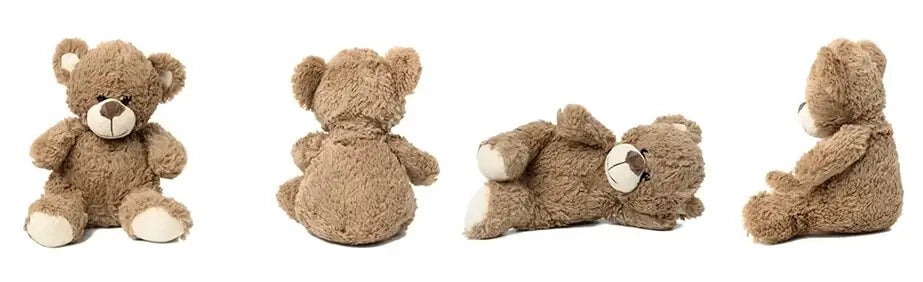 A soft brown teddy bear shown from four angles—front, back, lying on its side, and sitting sideways—against a white background.
