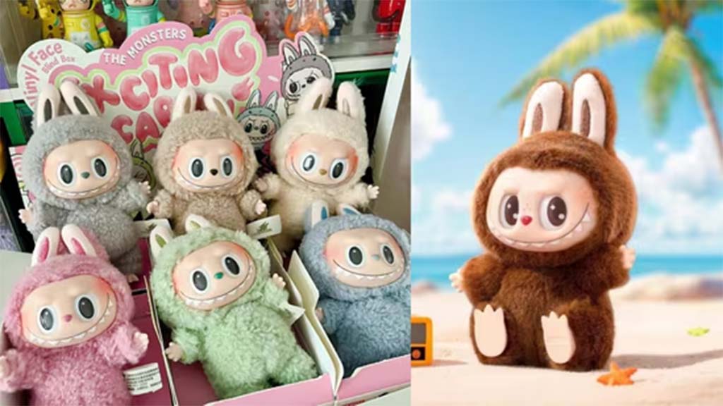 A display of multiple Labubu-style plush toys in pastel colors with rabbit ears on the left, and a single brown Labubu plush posed on a sunny beach background on the right.