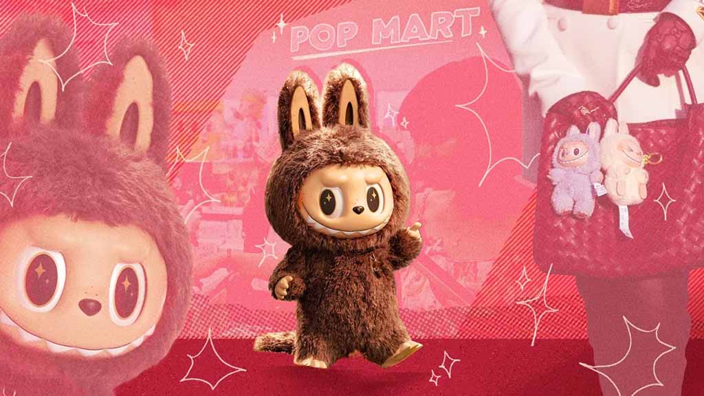 A POP MART Labubu collectible figure in a brown furry costume stands in the center, with stylized pink graphics and a background showing POP MART branding and keychain plush accessories on a handbag.