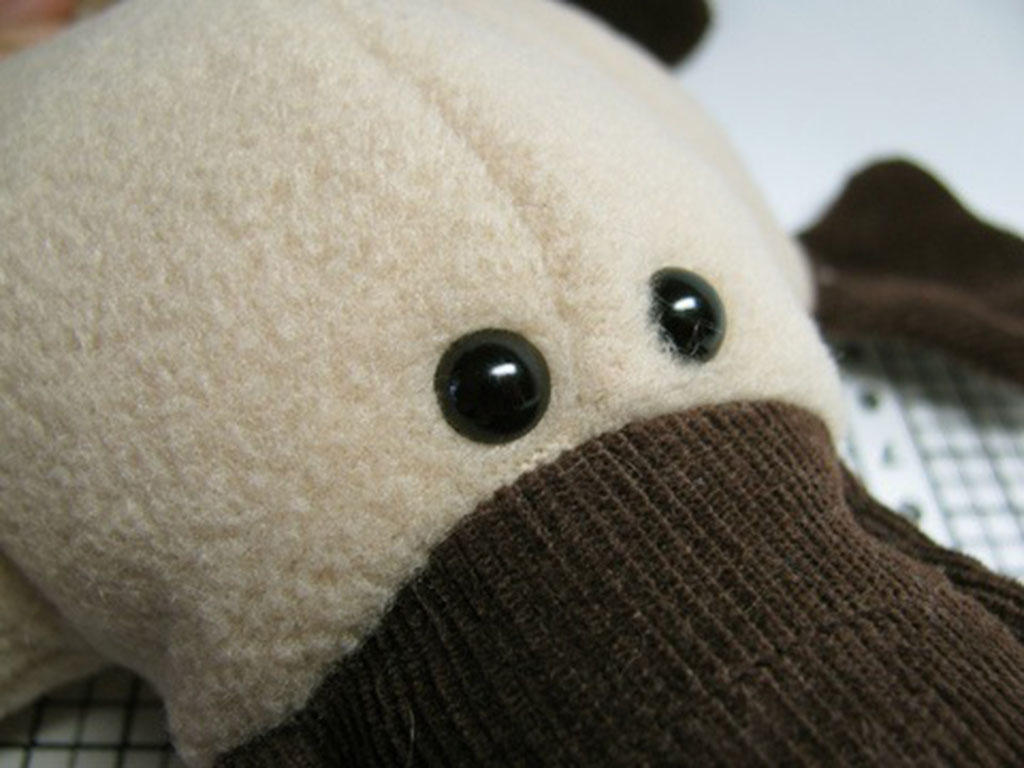 Close-up of a plush toy head showing two black safety eyes securely attached to beige fabric above a brown snout area.