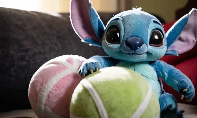 Blue Stitch plush toy sitting with two large pastel-colored plush balls on a couch.