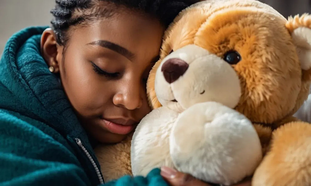 A young girl in a teal hoodie hugs a large soft teddy bear with her eyes closed, showing calm and comfort.