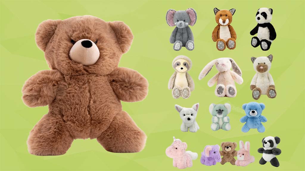 A large brown teddy bear beside a grid of assorted plush animals, including elephants, foxes, pandas, sloths, bunnies, kittens, unicorns, and colorful teddy bears, displayed on a light green background.