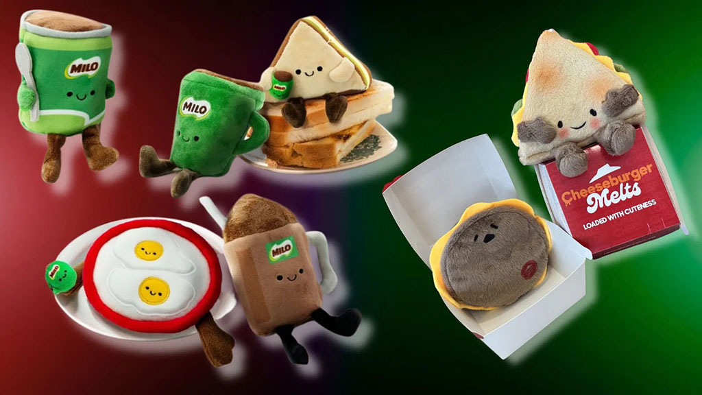 A collection of adorable food plush toys including Milo drink cups, fried eggs, sandwiches, and cheeseburgers, each with smiling faces and playful packaging.
