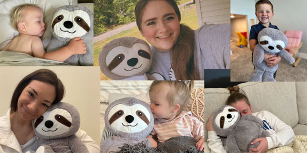 Collage of children and adults cuddling a soft gray sloth plush toy, showing its comforting and family-friendly appeal.