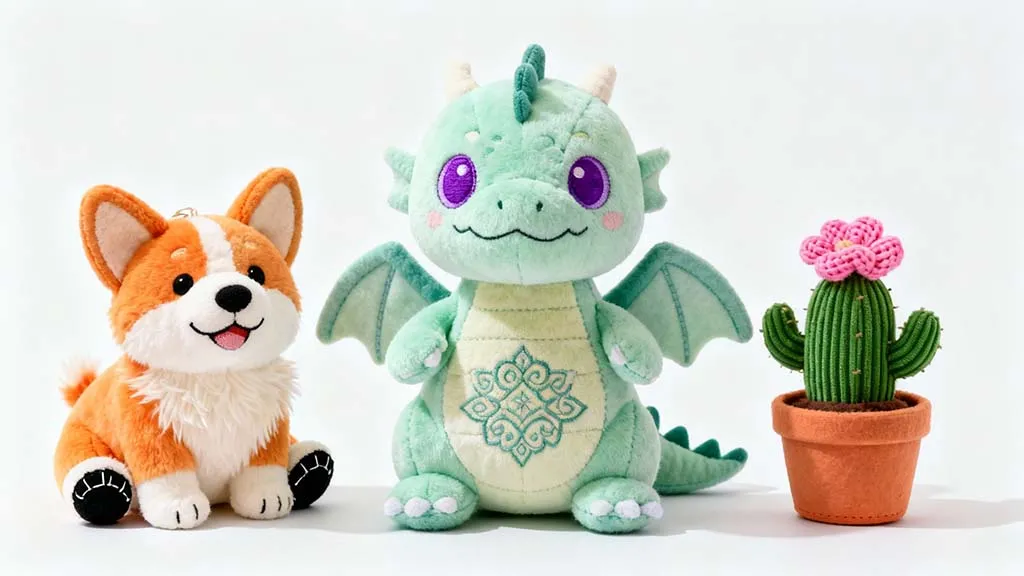 Adorable plush corgi, mint-green dragon, and cactus doll displayed together against a light background, showing detailed embroidery and soft plush texture.