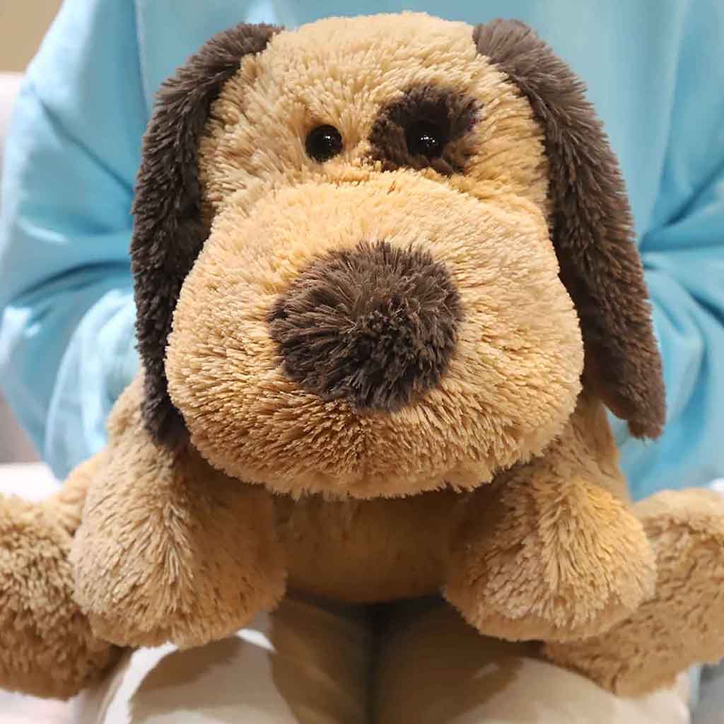 A soft brown stuffed dog with floppy dark brown ears is held by a person wearing a light blue shirt, shown up close with a cute, friendly expression.