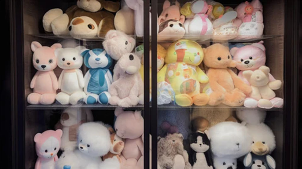A glass cabinet filled with neatly arranged plush toys of various colors and characters, including teddy bears, bunnies, and other soft animals.