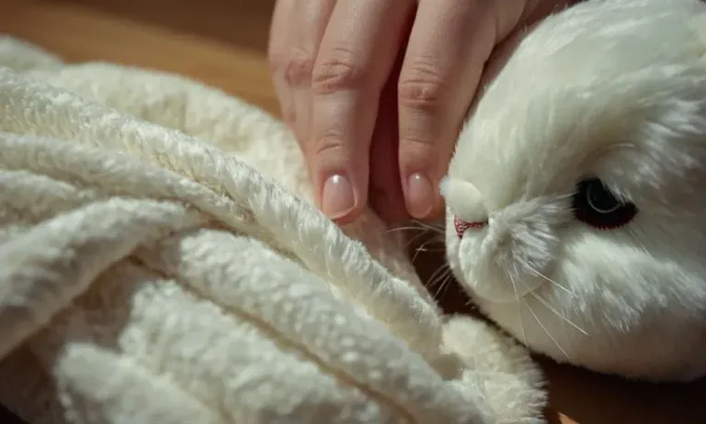 Hand gently smoothing the fur of a white plush bunny toy on a wooden surface, showing texture and softness of the fabric.