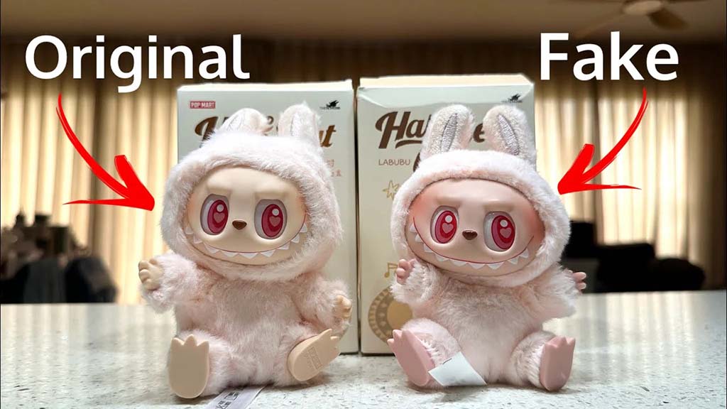 Side-by-side comparison of original and fake Labubu plush figures with red arrows and labels showing design and color differences in facial details.