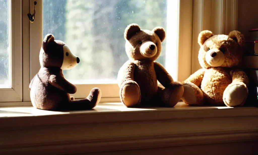 Three plush teddy bears sitting on a sunlit windowsill.