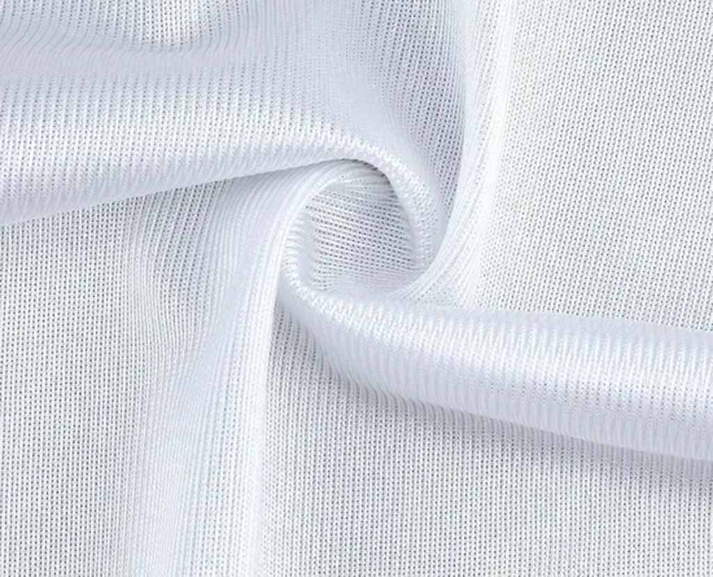  Smooth white tricot polyester fabric with fine ribbed texture and subtle sheen, ideal for plush toy lining, pockets, and garment interiors.