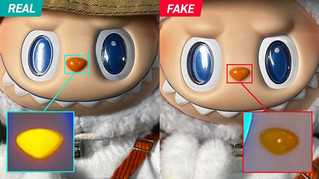 ide-by-side comparison showing the authentic Labubu plush on the left and a counterfeit version on the right, highlighting color and detail differences around the nose area.