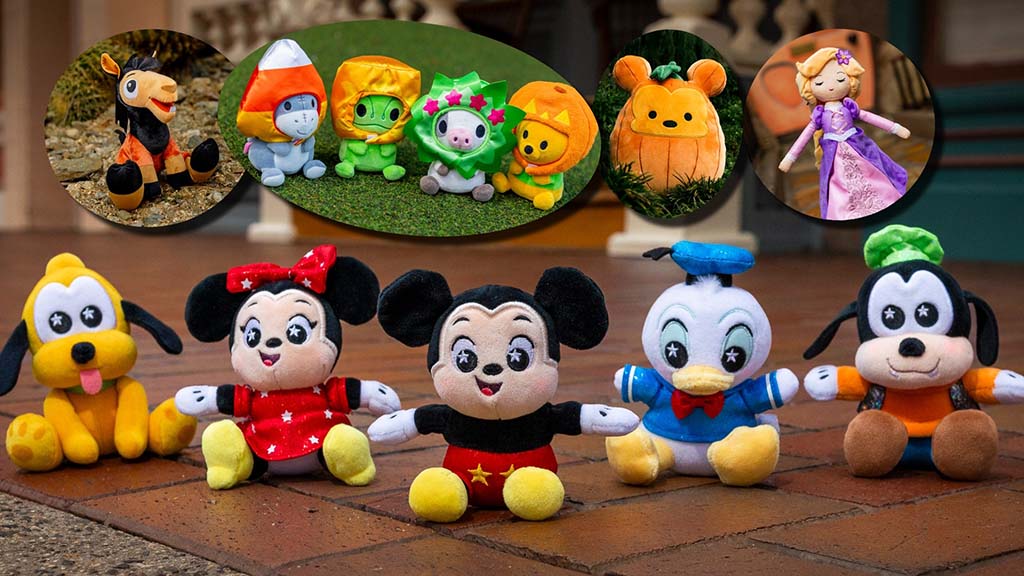 Group of Disney character plush toys including Mickey, Minnie, Donald, Goofy, and Pluto on brick ground, with additional themed plush toys displayed in circular insets above.