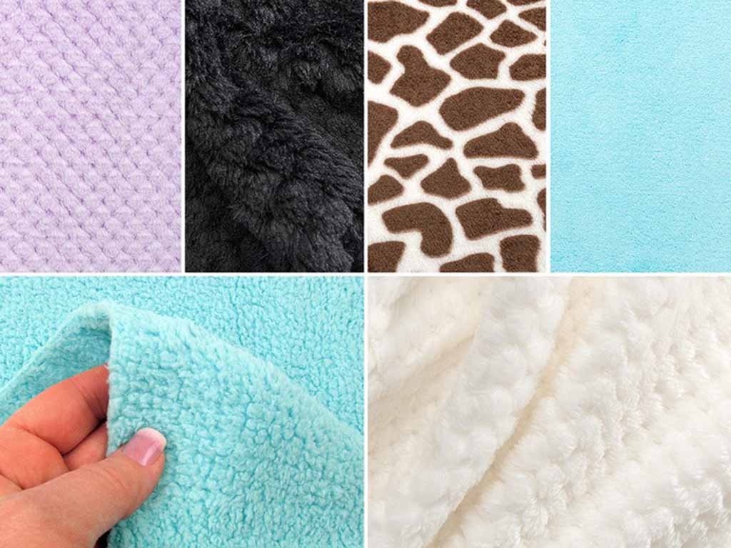 A collage showing different plush fabrics including textured lavender, black fur, giraffe print, smooth blue, turquoise sherpa, and soft white fleece.
