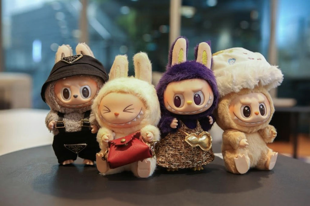 Four Labubu collectible dolls dressed in fashionable outfits inspired by luxury brands, including Prada and Chanel, displayed indoors on a table.