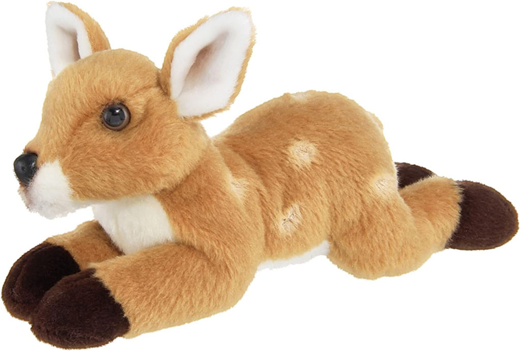 Soft brown fawn plush toy lying down with white spots, dark hooves, and realistic embroidered details against a plain background.