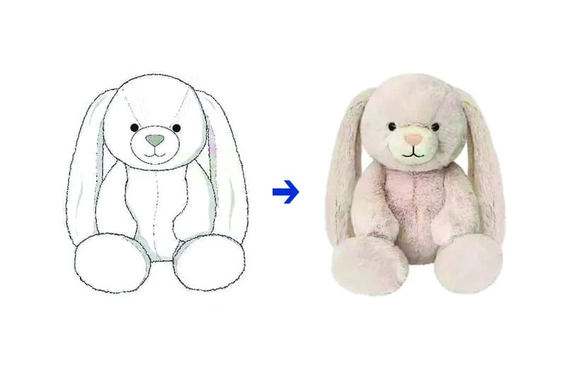 A side-by-side comparison showing a hand-drawn bunny plush sketch on the left and the completed soft bunny plush toy on the right, illustrating the design-to-prototype transformation.