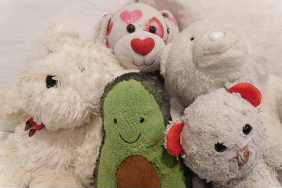 A close-up group of worn and well-loved stuffed animals, including a white dog, a heart-patterned bear, a white polar bear, a green avocado plushie, and a small grey mouse with red ears.